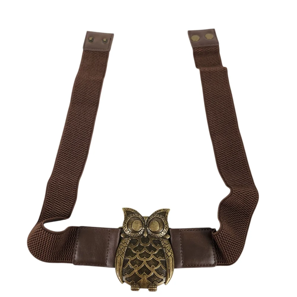 Fantasia Accessories Antique Brass Owl Brown Stretchy Boho Belt Womens Size L XL